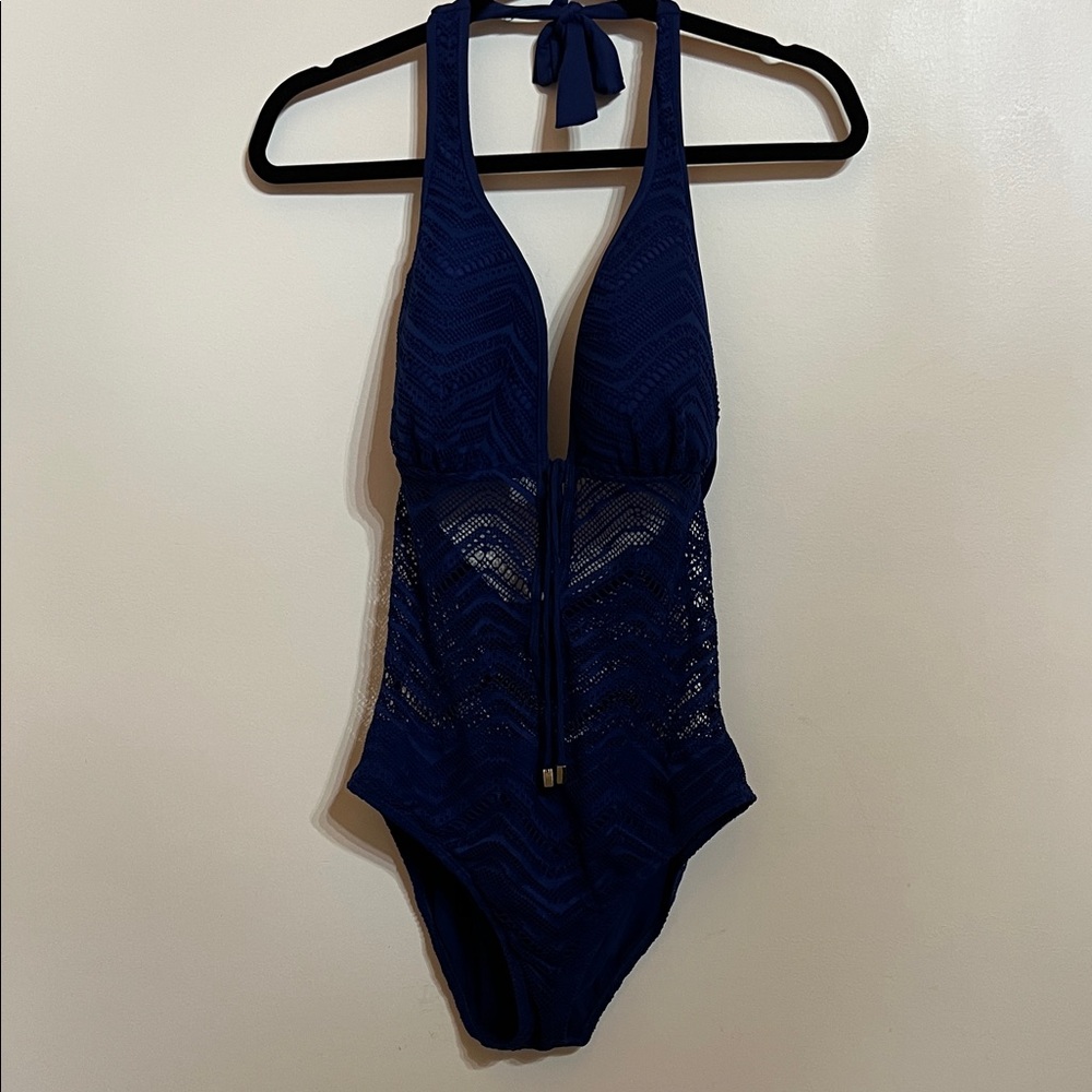 Boston Proper. Navy Blue Crochet Halter One-Piece Swimsuit. Size 12 NWOT